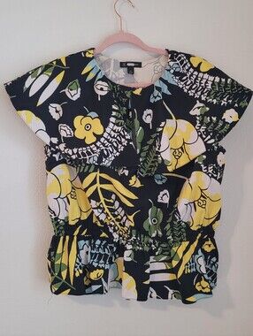 INC International Concepts Floral Statement Collar Peplum Top XL Black Yellow